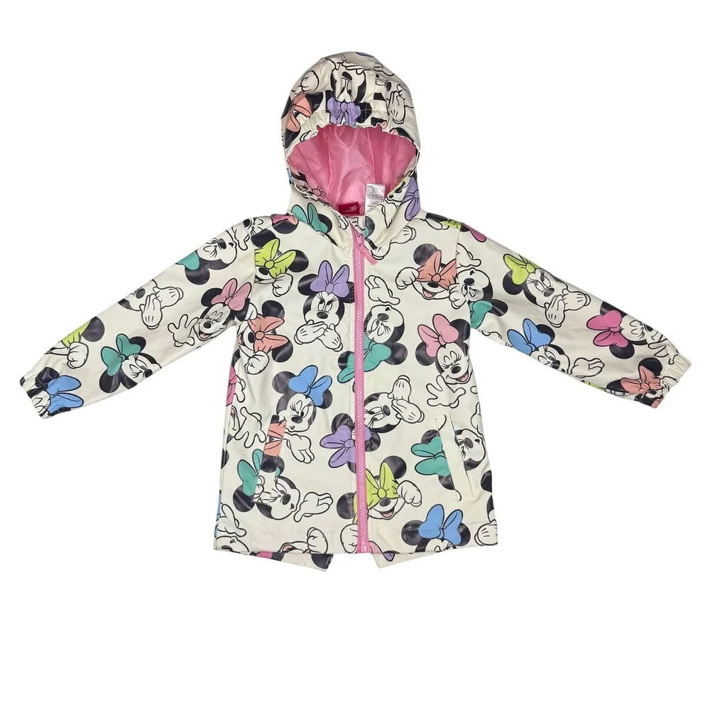 Disney Minnie Mouse Girls Hooded Rain Jacket Windbreaker White Pink Size 5/6